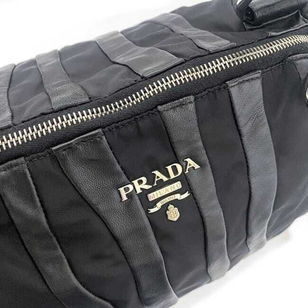 Prada Tote Bag Black Silver Leather Stripe Zipper Logo - Picture 7 of 10